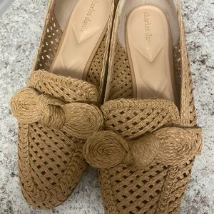 Charles David Tan Woven Flats with Rosette Accents